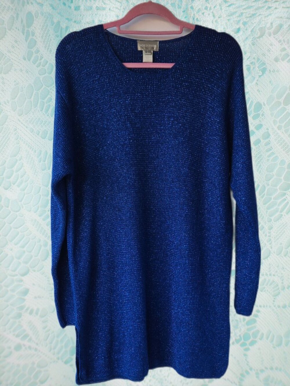 Nordstrom Royal Blue Metallic Relaxed Fit Cotton Blend Evening Tunic Sweater